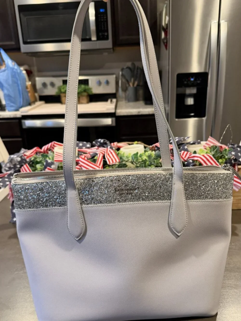 Kate Spade Gray Flash Glitter Tote Bag No Straps Gently Used D411